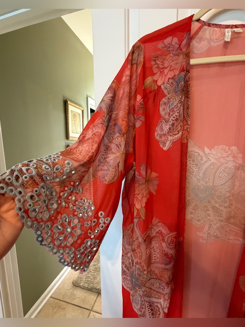 Cato Large Sheer Rusty Red Floral Paisley Kimono Jacket with Blue Accents - Picture 3 of 16